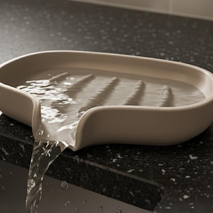 May include: A beige ceramic soap dish with water flowing out of a spout. The dish has a curved design with ridges inside. The water is clear and flowing onto a dark speckled countertop.
