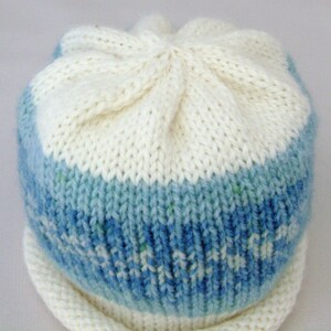 Blue and White Nordic Print Knitted Baby Hat size Newborn ready to ship image 1