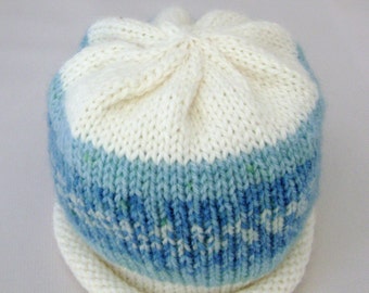 Blue and White Nordic Print Knitted Baby Hat size Newborn ready to ship