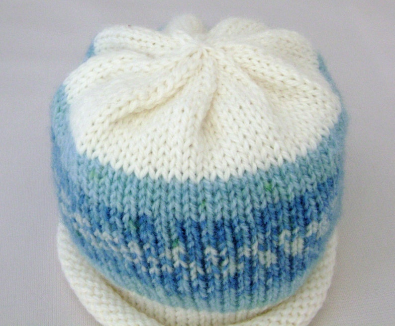 Blue and White Nordic Print Knitted Baby Hat size Newborn ready to ship image 1