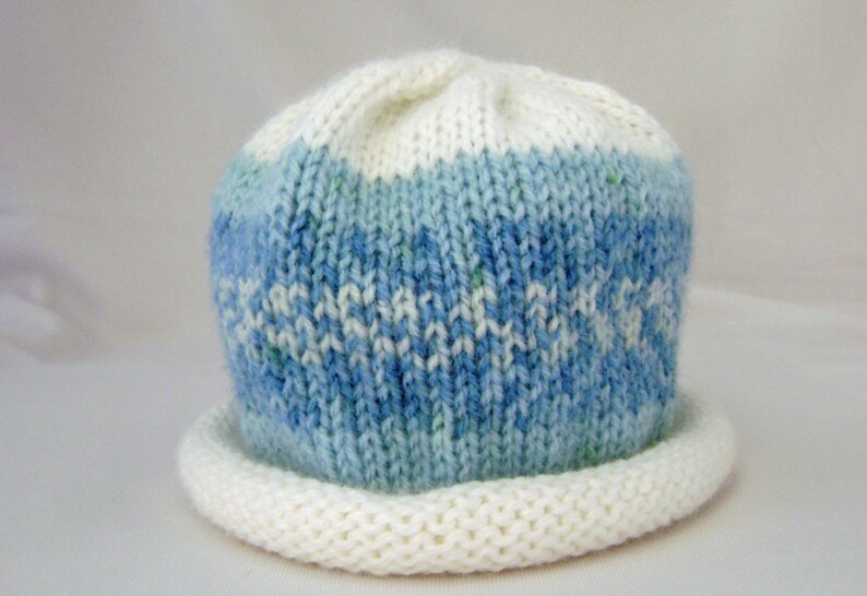 Blue and White Nordic Print Knitted Baby Hat size Newborn ready to ship image 3