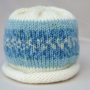 Blue and White Nordic Print Knitted Baby Hat size Newborn ready to ship image 2