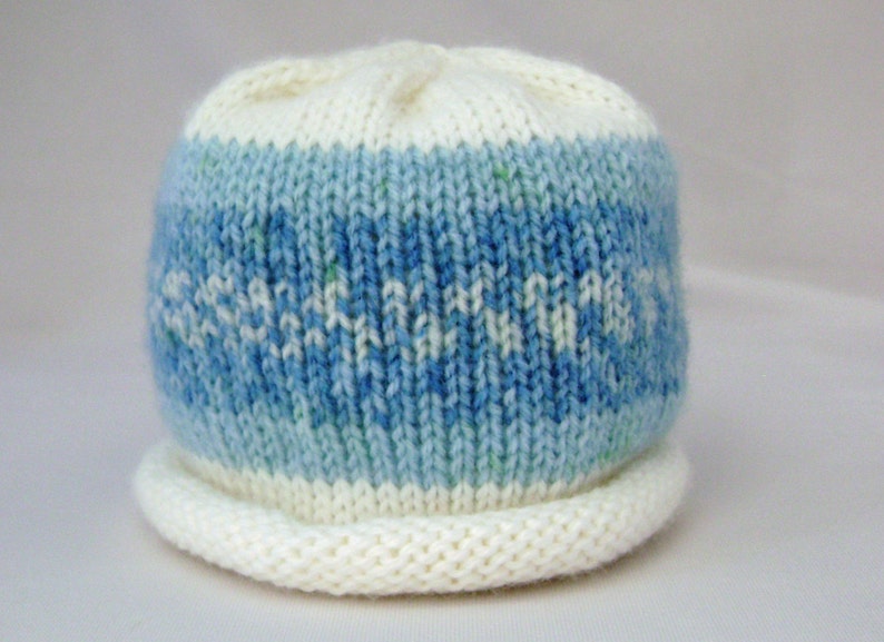 Blue and White Nordic Print Knitted Baby Hat size Newborn ready to ship image 2