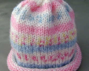 Raspberry Blueberry Tart Knitted Baby Hat in pink, blue, yellow and white, size Newborn ready to ship