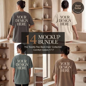 Könnte beinhalten: Ein Mockup-Bundle mit vier T-Shirts in verschiedenen Farben: Anthrazit, Creme, Salbeigrün und Braun. Jedes Shirt zeigt den Text "YOUR DESIGN HERE" auf der Rückseite. Das Bild enthält auch den Text "14 MOCKUP BUNDLE" und "Comfort Colors 1717".