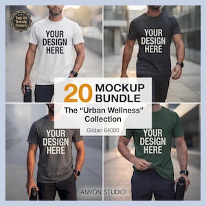 Puede incluir: Un paquete de maquetas con cuatro camisetas en blanco, negro, gris y verde. Cada camiseta muestra el texto "YOUR DESIGN HERE". La imagen incluye el texto "20 MOCKUP BUNDLE" y "The 'Urban Wellness' Collection."