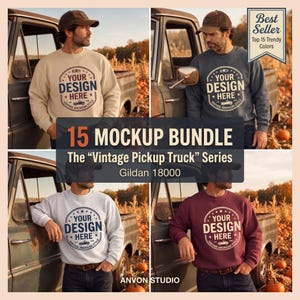 May include: A bundle of four Gildan 18000 crewneck sweatshirts in beige, dark blue, light gray, and maroon. Each sweatshirt features a circular graphic with the text YOUR DESIGN HERE and a vintage pickup truck illustration in the center.