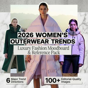 May include: Image featuring three women modeling outerwear. The text reads "2026 Women's Outerwear Trends" with "Luxury Fashion Moodboard & Reference Pack" below. Additional text includes "6 Major Trend Directions" and "100+ Editorial-Quality Images". The coats are green, light pink, and white.