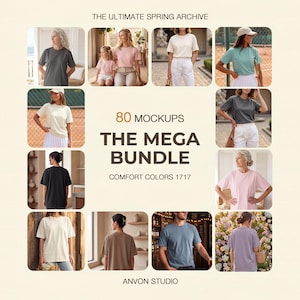 May include: A promotional image showcasing a collection of t-shirt mockups in various colors. The text reads "THE MEGA BUNDLE" and "COMFORT COLORS 1717". The image features multiple people wearing different colored t-shirts, including gray, pink, and blue.