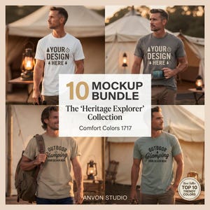 May include: A mockup bundle showcasing t-shirts in various colors, with the text "YOUR DESIGN HERE" and "Outdoor Glamping" printed on them. The image also includes text that reads "10 MOCKUP BUNDLE" and "The 'Heritage Explorer' Collection."