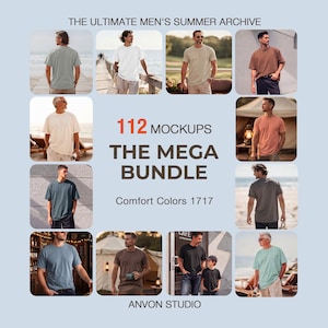 Peut inclure: Image promotionnelle présentant des maquettes de t-shirts de différentes couleurs. Le texte indique "THE ULTIMATE MEN'S SUMMER ARCHIVE", "112 MOCKUPS" et "THE MEGA BUNDLE". L'image présente différents styles et couleurs de t-shirts, avec des modèles portant les chemises dans divers environnements extérieurs.