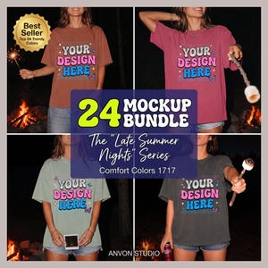 May include: A bundle of four short-sleeve t-shirts in various colors, each featuring the text "YOUR DESIGN HERE" in pink and blue, accompanied by star and butterfly graphics. The shirts are displayed in a grid layout with a dark background.