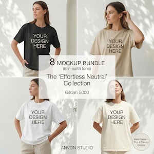 May include: A mockup bundle showcasing four t-shirts in black, beige, white, and cream. Each shirt has the text "YOUR DESIGN HERE." The image also includes text that reads "8 MOCKUP BUNDLE," "The 'Effortless Neutral' Collection," and "Best Seller - Top 8 Trendy Colors."