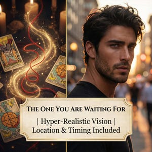 May include: An image featuring tarot cards, candles, and a man. The tarot cards include "The Lovers" and "Wheel of Fortune." Text on a banner reads "THE ONE YOU ARE WAITING FOR | Hyper-Realistic Vision | Location & Timing Included."