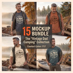 May include: A bundle of four t-shirts in charcoal, orange, cream, and dark green, each featuring a hexagonal camping graphic with the text YOUR DESIGN HERE. The shirts are worn under dark vests in a lakeside setting with the text 15 MOCKUP BUNDLE.