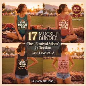 Op de afbeelding: Een digitaal mockup-pakket met vier mouwloze tanktops in teal, roest, zwart en oudroze. Elk shirt toont de tekst YOUR DESIGN HERE met een zon- en gitaarafbeelding. De collectie is gelabeld als 17 MOCKUP BUNDLE Festival Vibes.