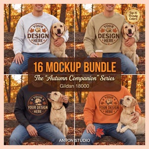 May include: A bundle of four Gildan 18000 crewneck sweatshirts in light gray, tan, black, and orange, each featuring a circular graphic with a dog illustration, maple leaves, paw prints, and the text YOUR DESIGN HERE, displayed in a mockup.