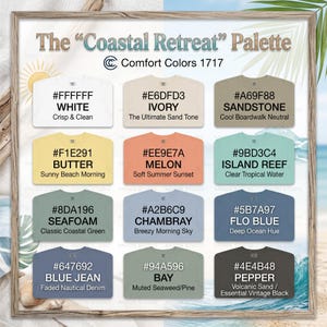 May include: A color palette titled "The Coastal Retreat" with 10 color swatches. Each swatch displays a color name, a hex code, and a descriptive phrase. Colors include White, Ivory, Sandstone, Butter, Melon, Island Reef, Seafoam, Chambray, Flo Blue, and Pepper.