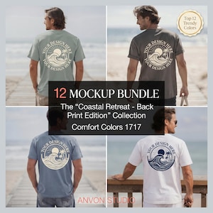May include: A mockup bundle of four t-shirts in different colors: sage green, charcoal gray, dusty blue, and white. Each shirt features a back print with a sun, waves, and palm trees design. The text "YOUR DESIGN HERE" is printed around the design. The image also includes the text "12 MOCKUP BUNDLE".