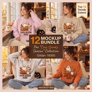 Puede incluir: Un paquete de cuatro sudaderas de cuello redondo Gildan 18000 en rosa claro, beige, gris claro y naranja. Cada sudadera presenta un gráfico de un fantasma, una calabaza y una taza de café con el texto YOUR DESIGN HERE. El texto 12 MOCKUP BUNDLE es visible.