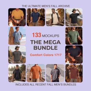 Può includere: Una collezione digitale di 133 mockup di t-shirt intitolata The Ultimate Men's Fall Archive e The Mega Bundle Comfort Colors 1717. L'immagine mostra una griglia di varie t-shirt a maniche corte in diversi colori in ambienti esterni.
