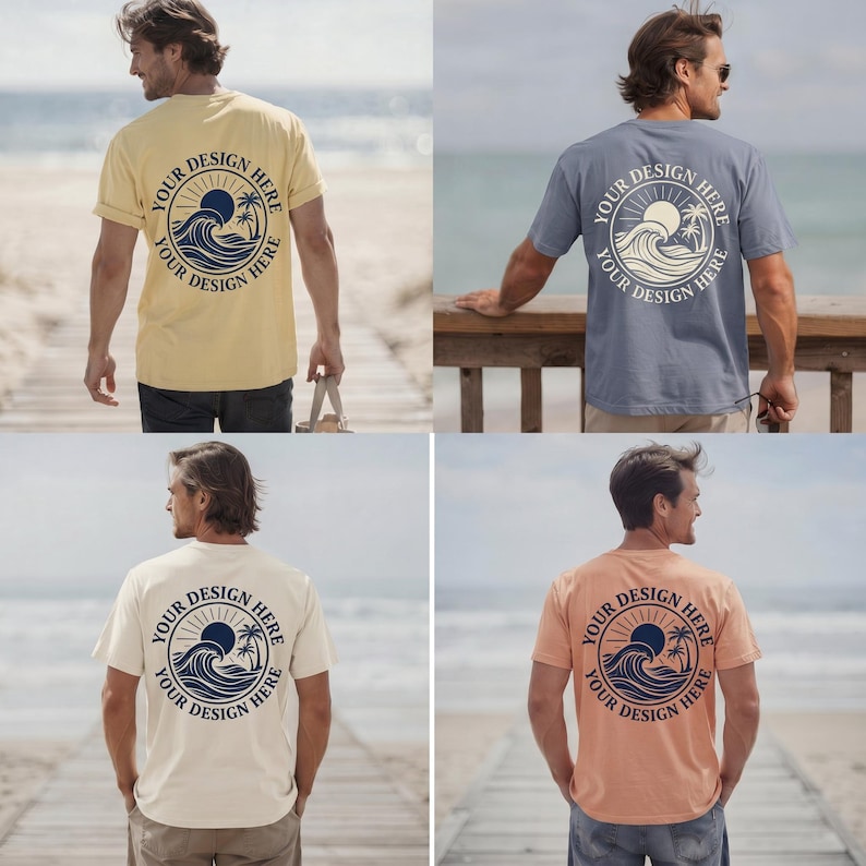 May include: Four short-sleeved t-shirts in different colors: yellow, blue, cream, and peach. Each shirt features a circular design on the back with a sun, waves, and palm trees, and the text "YOUR DESIGN HERE".