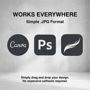 May include: Image with the text "WORKS EVERYWHERE" and "Simple .JPG Format". It features the Canva and Ps logos, along with a stylized brushstroke icon. The text "Simply drag and drop your design. No expensive software required." is also present.