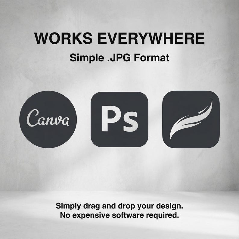 May include: Image with the text "WORKS EVERYWHERE" and "Simple .JPG Format". It features the Canva and Ps logos, along with a stylized brushstroke icon. The text "Simply drag and drop your design. No expensive software required." is also present.