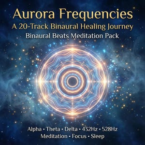 Puede incluir: Gráfico digital con el texto "Aurora Frequencies" y "A 20-Track Binaural Healing Journey". La imagen presenta un diseño circular con líneas azules y naranjas, sobre un fondo estrellado. El texto en la parte inferior incluye "Alpha, Theta, Delta, 432Hz, 528Hz, Meditation, Focus, Sleep."