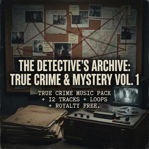 May include: A vintage-style image promoting "The Detective's Archive: True Crime & Mystery Vol. 1." The scene includes a corkboard with crime scene evidence, a reel-to-reel tape recorder, and a stack of "Confidential" files. Text includes "True Crime Music Pack + 12 Tracks + Loops + Royalty Free."