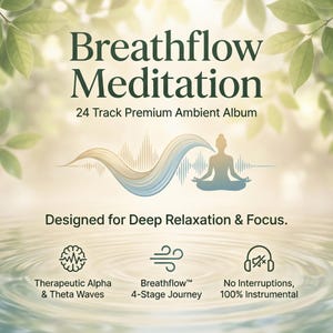 Op de afbeelding: Afbeelding voor "Breathflow Meditation", een ambient album met 24 tracks. Het ontwerp toont een mediterende persoon, met tekst die diepe ontspanning en focus benadrukt. Pictogrammen tonen therapeutische golven, een 4-stappenreis en instrumentale muziek.