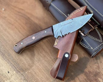 Handmade Damascus Steel Hunting Knife with Deep Wood Handle and Leather Sheath