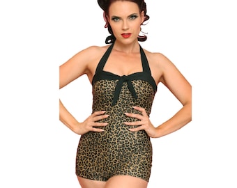 Pinky Pinups Vintage Stil Leopard Pin-Up Romper Badeanzug Pinup Rockabilly 50er Jahre