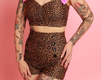 1950s Vintage Retro Leopard Print Pin-Up Swim Top & High-Waist Shorts – Sold Separately