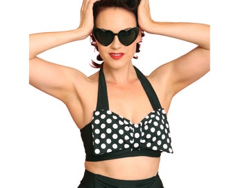 Black & Black/White Dotted Bow Halter Swim Top