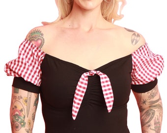 1950s Vintage Style Red/White Gingham Off The Shoulder Puff Sleeve Top