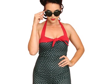 Vintage Style Black & White Polka Dot Pin-Up Romper Swimsuit