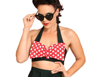 Black & Red/White Dotted Bow Halter Swim Top