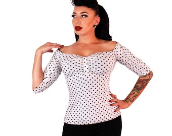 1950s Vintage Style Polka Dot 3/4 Sleeve Off The Shoulder Top
