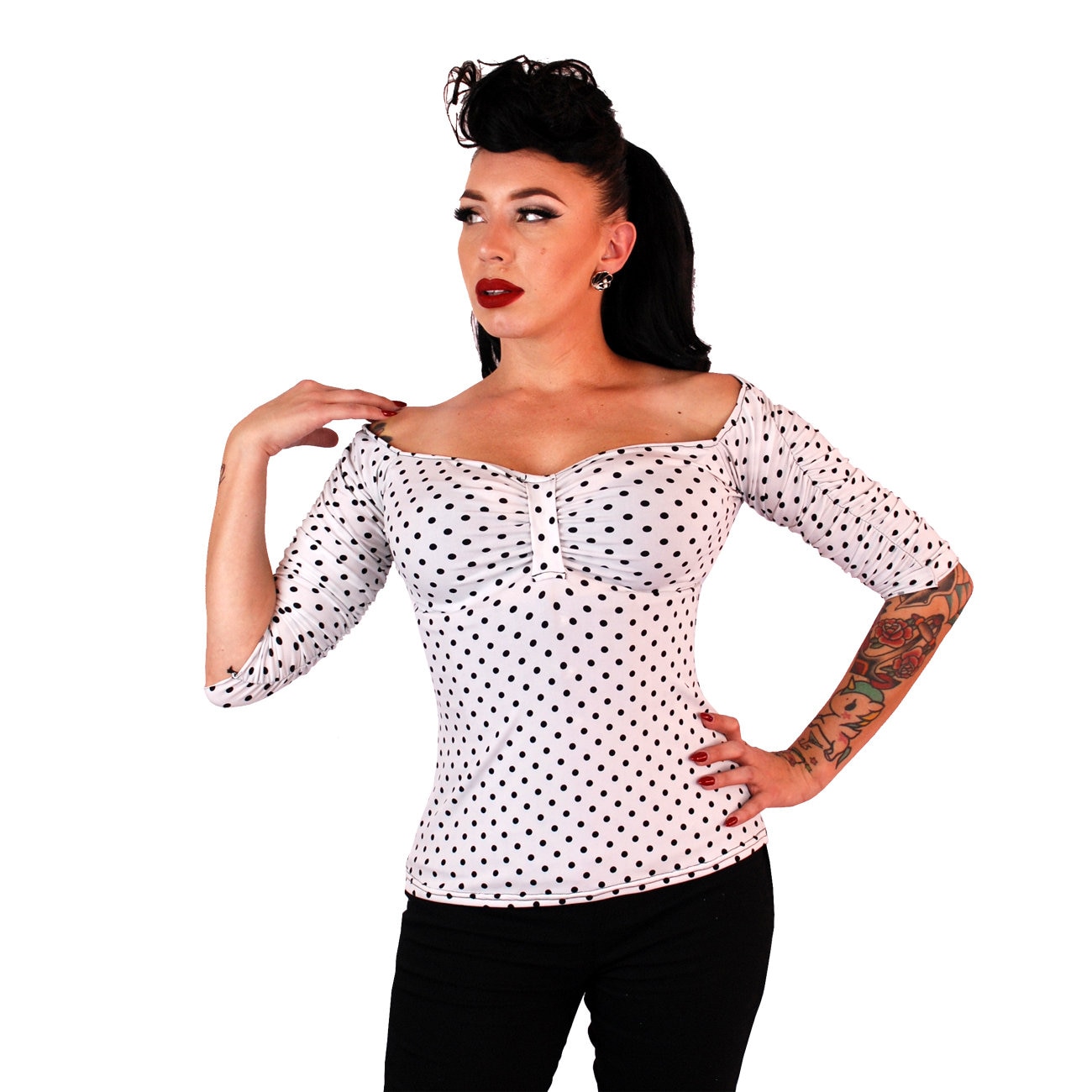 black polka dot off the shoulder top