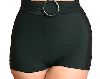 Solid Black Vintage Style Rounded Buckle High Waist Swim Shorts