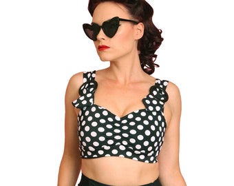 1950s Vintage Style Black/White Dots Vintage Style Rounded Buckle Pin-Up Swim Top