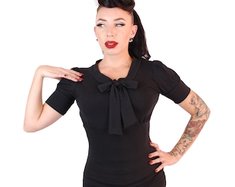 1950s Vintage Style Puff Sleeve Bow Top Black
