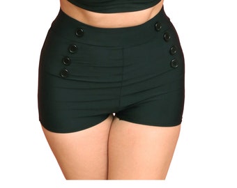 Solid Black Pin Up Style Button High Waist Sailor Swim Shorts