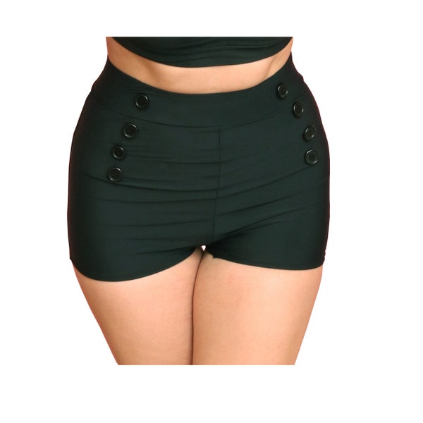 Solid Black Pin Up Style Button High Waist Sailor Swim Shorts