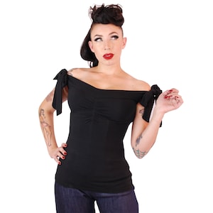 1950's Vintage Style Black Shoulder Bow Top