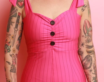 1950s Hot Pink & Black Pinstripe Romper Swimsuit