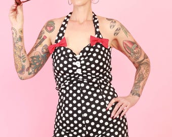 Vintage-Inspired Black & White Polka Dot Romper Swimsuit – S to 3XL