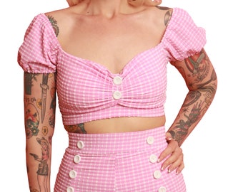 Women's Vintage Style Pink&White Seersucker Puff Sleeve Top  /  High Waist Swim Bottom