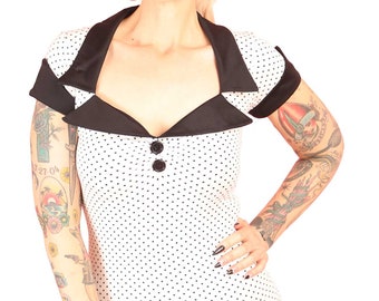 Women's Vintage Pin-Up White/Black Polka Dot V Cut Ruffle Sleeve top